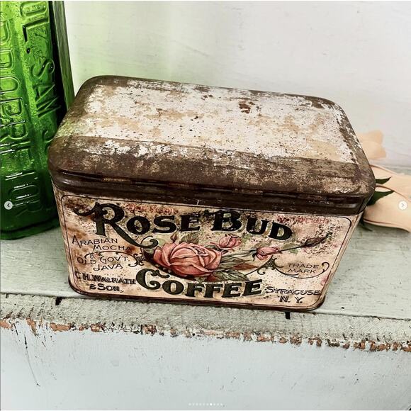 Antique Rare Shabby Rose Bud Coffee Tin Can Canister Box Hinged Lid Paper Label - Picture 7 of 10